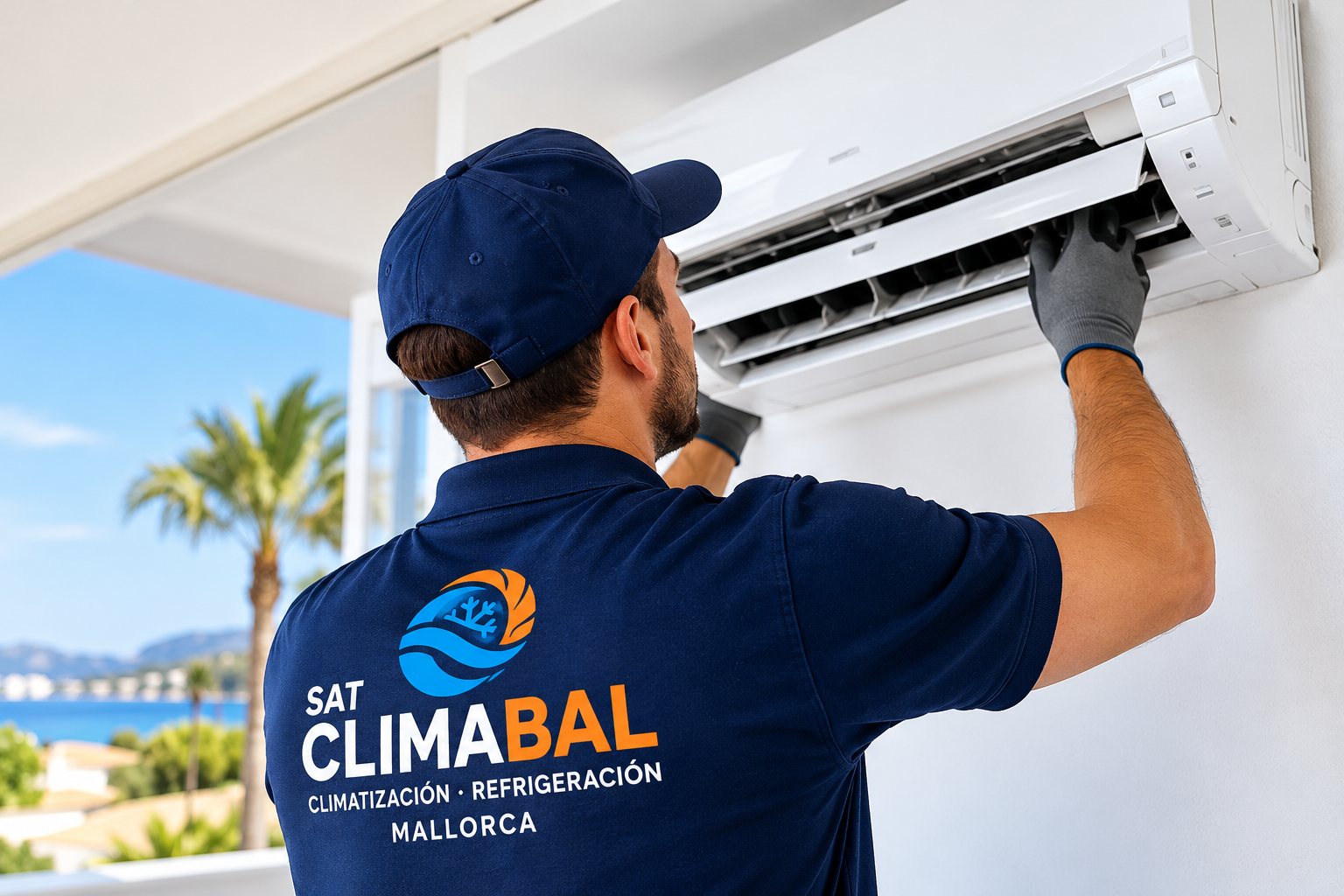 Técnico de SAT Climabal haciendo el mantenimiento de un aire acondicionado split en Mallorca